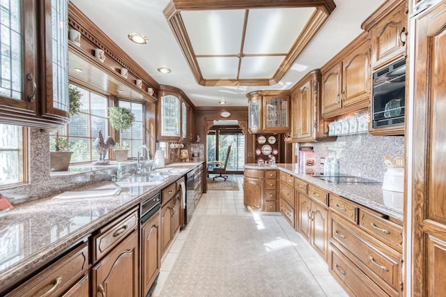 13155 W Shaw Ave, Kerman, CA 93630 - kitchen featuring a sink, glass insert cabinets, light tile patterned flooring, black appliances, and crown molding