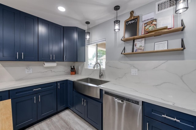 2983 E Northdale Ave, Fresno, CA 93726 - kitchen featuring stainless steel dishwasher, blue cabinets, a sink, and recessed lighting