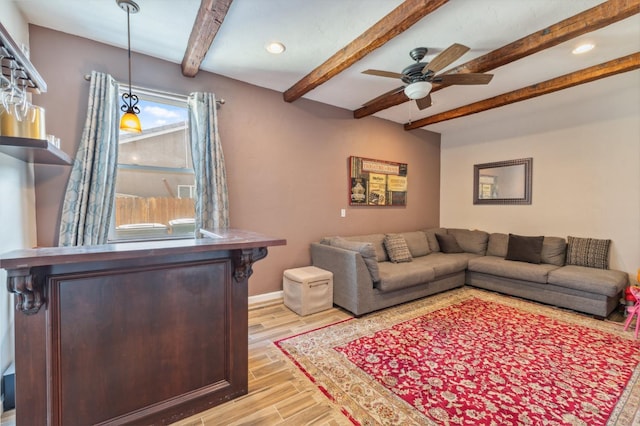 2865 Maine Ave, Clovis, CA 93619 - living room featuring beamed ceiling, ceiling fan, wood finished floors, baseboards, and recessed lighting