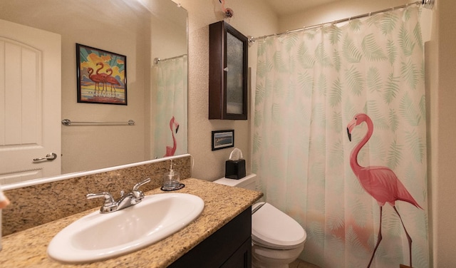 full bathroom featuring toilet, vanity, and a shower with shower curtain