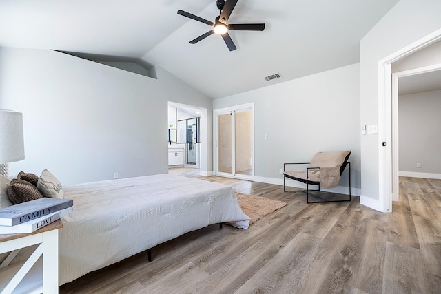 1801 E Omaha Ave, Fresno, CA 93720 - bedroom featuring vaulted ceiling, wood finished floors, ceiling fan, and baseboards