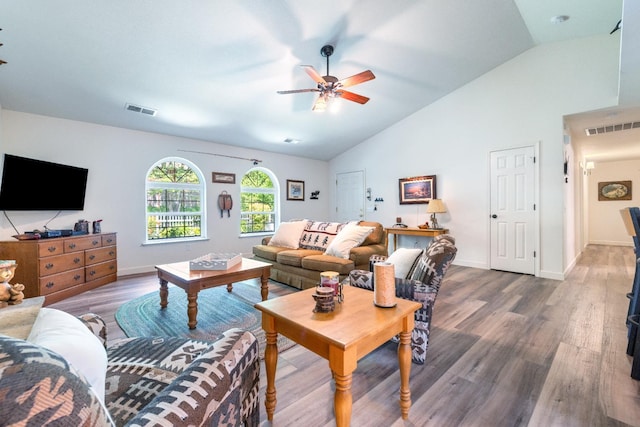 39398 Robin, Bass Lake, CA 93604 - living room with a ceiling fan, wood finished floors, baseboards, and high vaulted ceiling