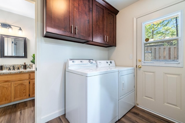 39398 Robin, Bass Lake, CA 93604 - clothes washing area featuring washing machine and dryer, cabinet space, and dark wood-type flooring