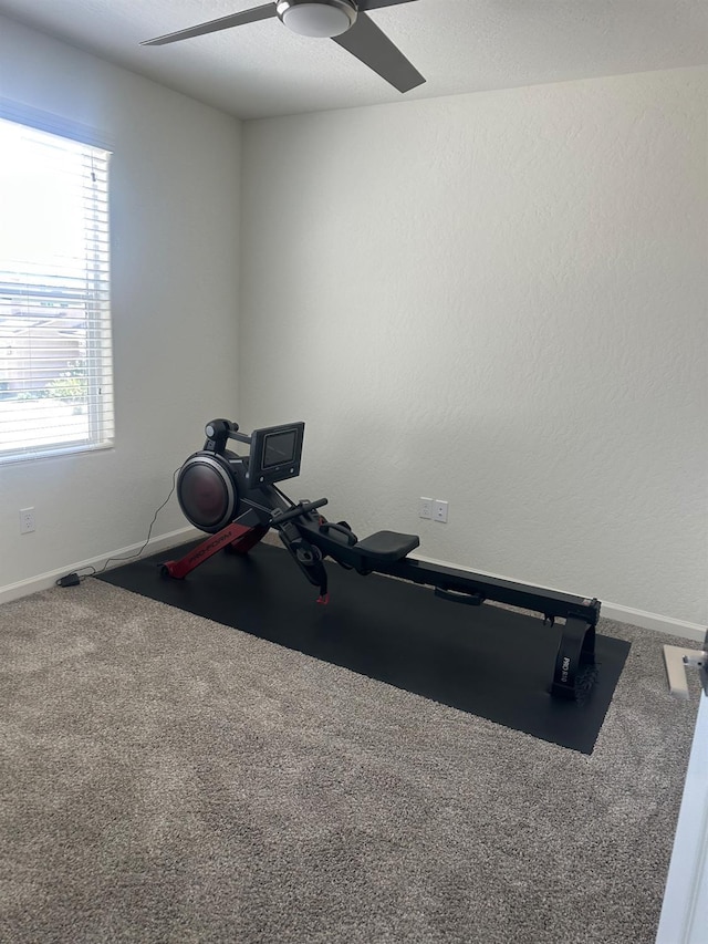 663 Farmhouse Ln, Clovis, CA 93619 - workout room with a ceiling fan, carpet flooring, and baseboards