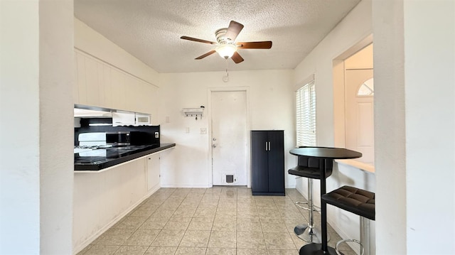 1380 Elaine Dr, Hanford, CA 93230 - kitchen with a ceiling fan, a textured ceiling, light tile patterned floors, and baseboards