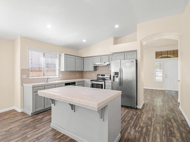 5611 W Carmen Ave, Fresno, CA 93722 - kitchen featuring appliances with stainless steel finishes, gray cabinets, tile countertops, under cabinet range hood, and decorative backsplash