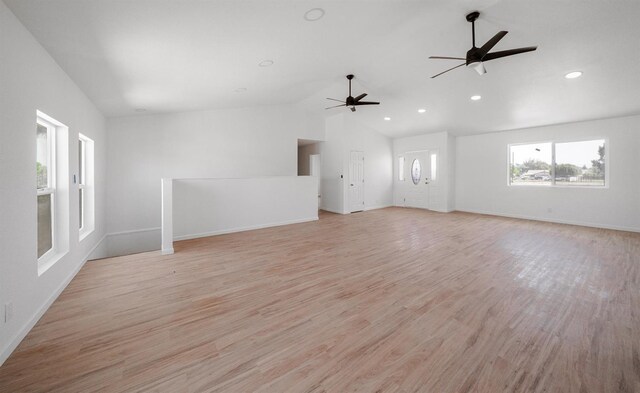 15758 Mark Rd, Madera, CA 93636 - unfurnished living room featuring a ceiling fan, recessed lighting, vaulted ceiling, and light wood finished floors
