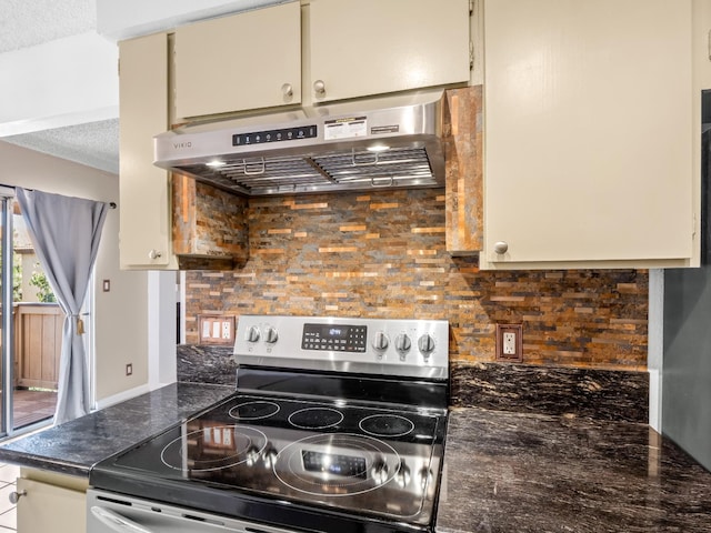 1550 W Ashlan Ave Unit 241, Fresno, CA 93705 - kitchen with electric stove, range hood, tasteful backsplash, dark countertops, and a textured ceiling