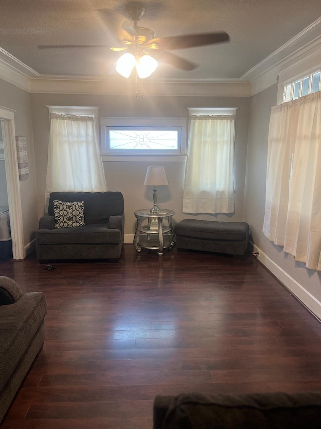 814 N Roosevelt Ave, Fresno, CA 93728 - living room featuring crown molding, a ceiling fan, wood finished floors, and baseboards