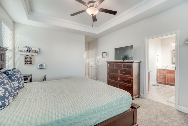 716 Mesa Dr S, Madera, CA 93636 - bedroom with a tray ceiling, ornamental molding, light carpet, ceiling fan, and baseboards