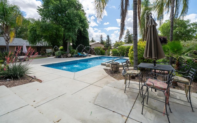 swimming pool featuring a patio area and a storage unit