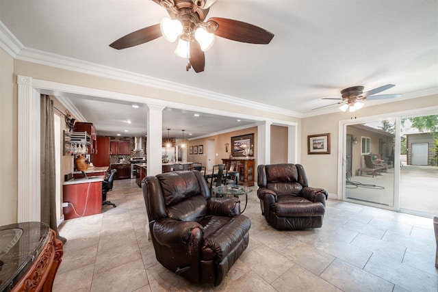 living area with a ceiling fan, ornamental molding, decorative columns, baseboards, and recessed lighting