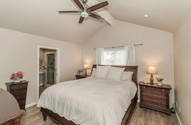 1073 E Pennsylvania Ave, Fresno, CA 93720 - bedroom with wood finished floors, baseboards, ensuite bathroom, and ceiling fan