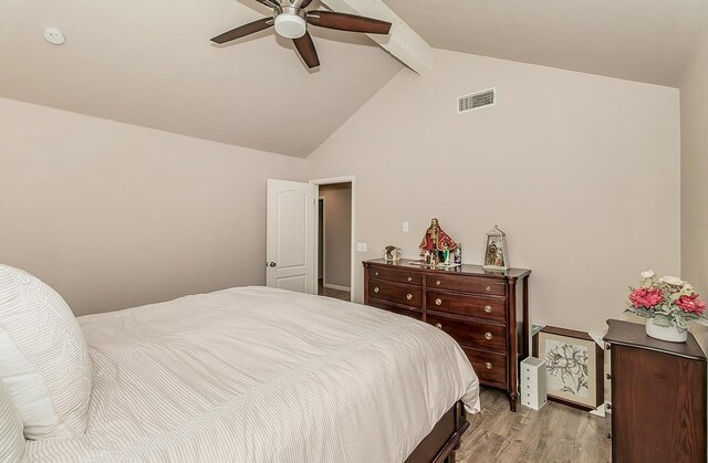1073 E Pennsylvania Ave, Fresno, CA 93720 - bedroom with beam ceiling, light wood finished floors, high vaulted ceiling, and ceiling fan