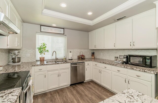 1073 E Pennsylvania Ave, Fresno, CA 93720 - kitchen featuring appliances with stainless steel finishes, a sink, dark wood-style flooring, range hood, and crown molding