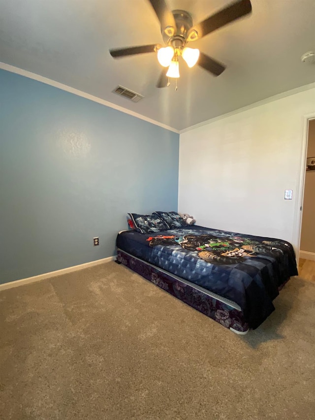 1035 Hoover Way, Hanford, CA 93230 - carpeted bedroom featuring baseboards, a ceiling fan, and ornamental molding