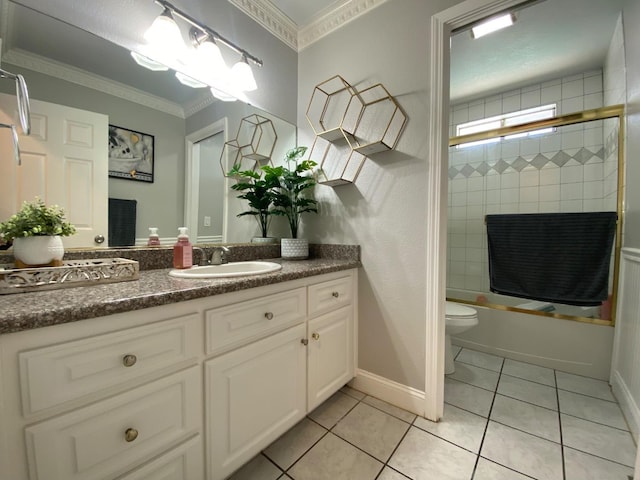 1035 Hoover Way, Hanford, CA 93230 - full bathroom featuring tile patterned floors, toilet, vanity, enclosed tub / shower combo, and ornamental molding