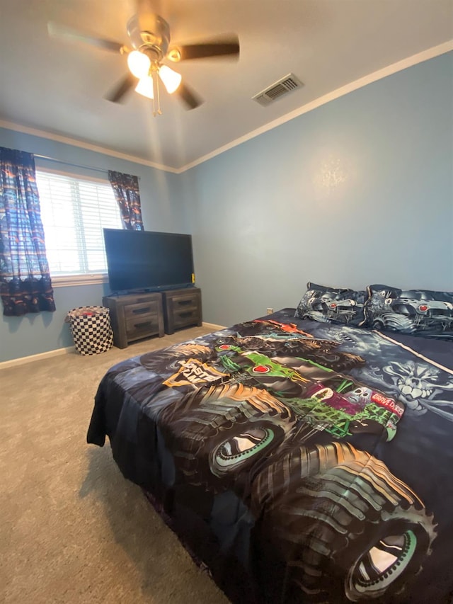 1035 Hoover Way, Hanford, CA 93230 - carpeted bedroom featuring ornamental molding, a ceiling fan, and baseboards