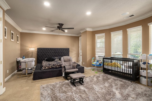 1710 N Filbert Ave, Clovis, CA 93619 - carpeted bedroom featuring crown molding, recessed lighting, baseboards, and a ceiling fan