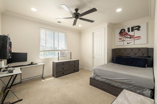 1710 N Filbert Ave, Clovis, CA 93619 - bedroom featuring ornamental molding, light colored carpet, recessed lighting, baseboards, and a ceiling fan