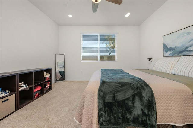 bedroom with carpet flooring, ceiling fan, recessed lighting, and baseboards
