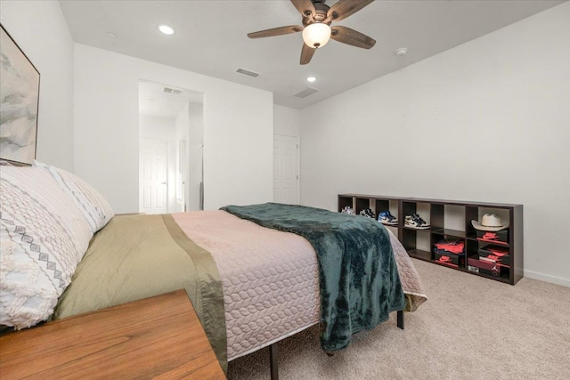 bedroom with carpet, recessed lighting, and ceiling fan