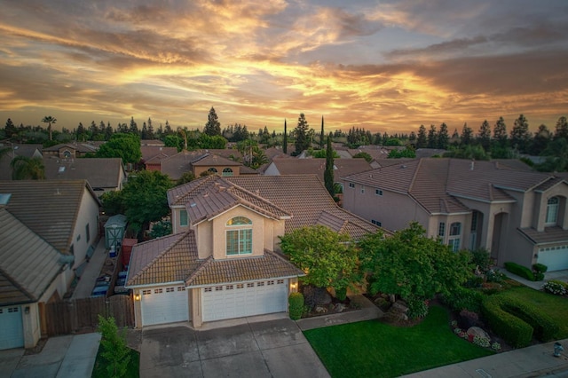 aerial view at dusk of a residential view