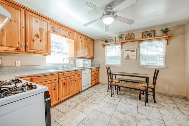 41533 Indian Rock Rd, Shaver Lake, CA 93664 - kitchen featuring a sink, white appliances, light countertops, and a ceiling fan
