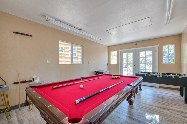 41533 Indian Rock Rd, Shaver Lake, CA 93664 - playroom featuring attic access, wood finished floors, a textured ceiling, french doors, and pool table