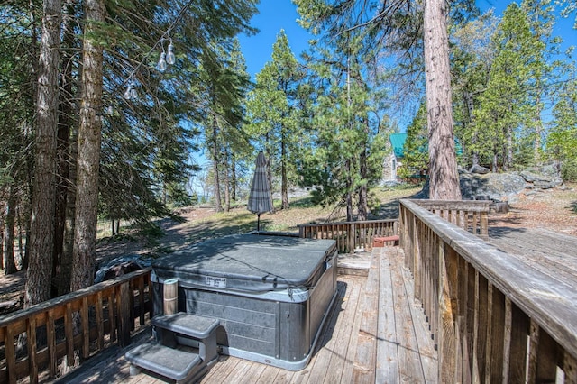 41533 Indian Rock Rd, Shaver Lake, CA 93664 - wooden deck featuring a hot tub