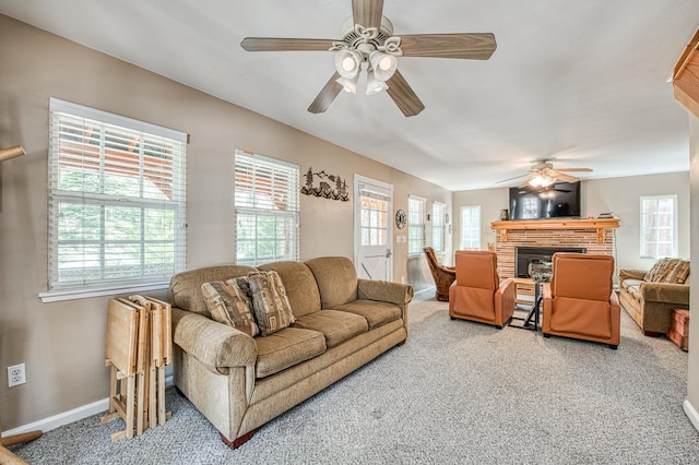 41533 Indian Rock Rd, Shaver Lake, CA 93664 - carpeted living area with a ceiling fan, a fireplace, and baseboards