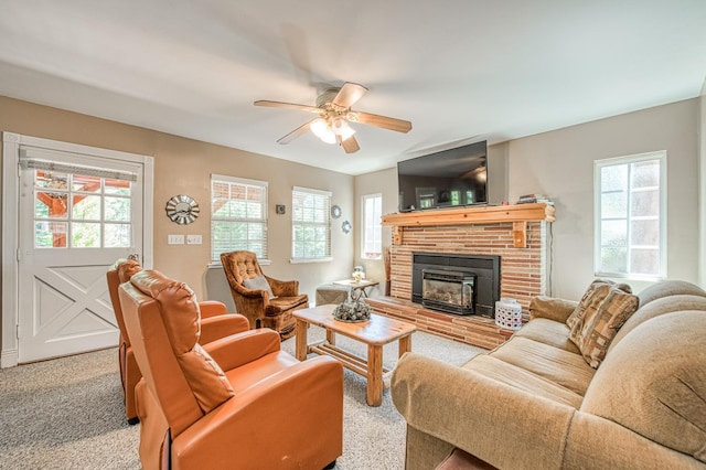 41533 Indian Rock Rd, Shaver Lake, CA 93664 - living area with plenty of natural light, carpet, a brick fireplace, and ceiling fan