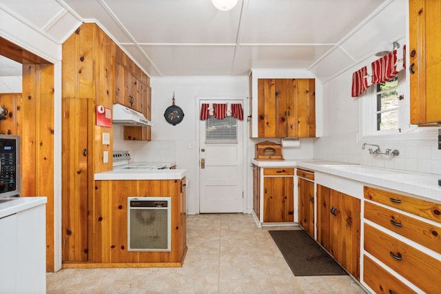 58374 Huntington Lake Rd Unit 12, Lakeshore, CA 93634 - kitchen with under cabinet range hood, range, tasteful backsplash, and brown cabinets