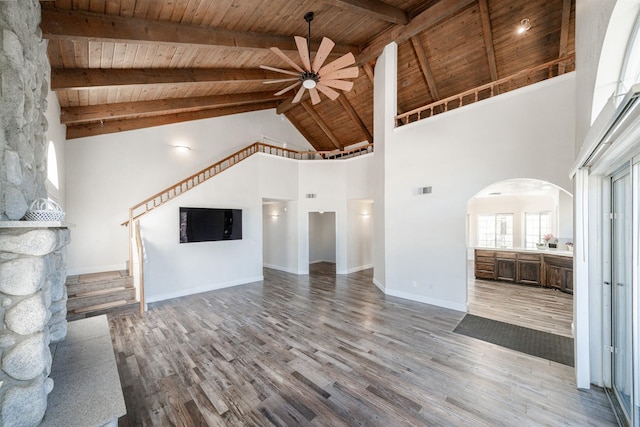 43480 Cave Stone Ct, Coarsegold, CA 93614 - unfurnished living room featuring wooden ceiling, ceiling fan, high vaulted ceiling, arched walkways, and wood finished floors