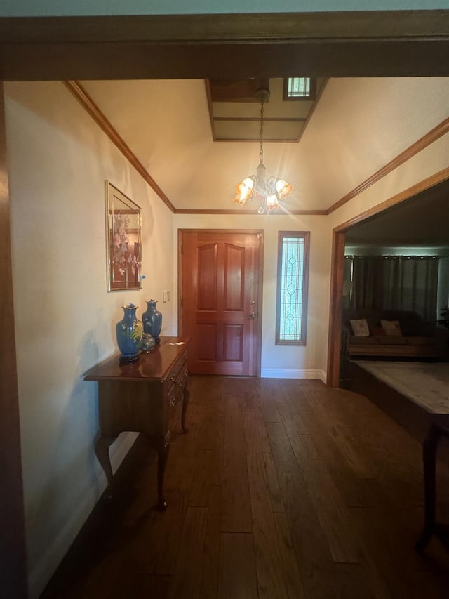 399 E Richmond Ave, Fresno, CA 93720 - entryway with hardwood / wood-style flooring, a chandelier, vaulted ceiling, baseboards, and crown molding