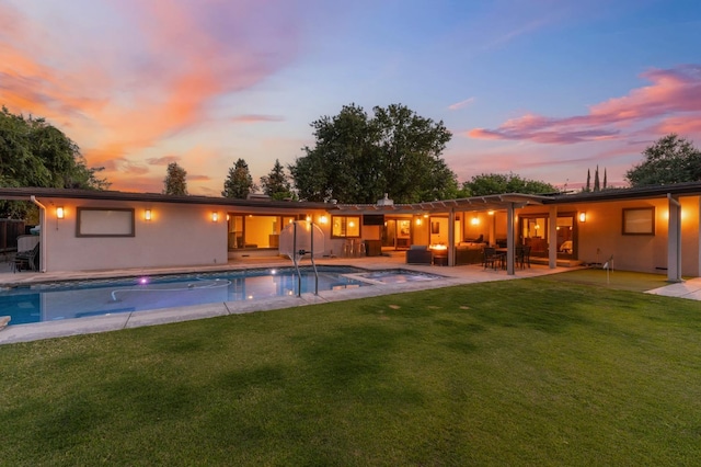 1478 W Dovewood Ln, Fresno, CA 93711 - rear view of house featuring an in-ground hot tub, a lawn, a patio area, an outdoor pool, and stucco siding