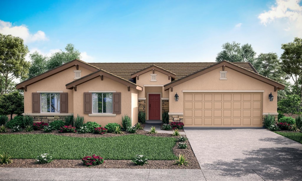 view of front of house featuring stone siding, stucco siding, driveway, and a garage