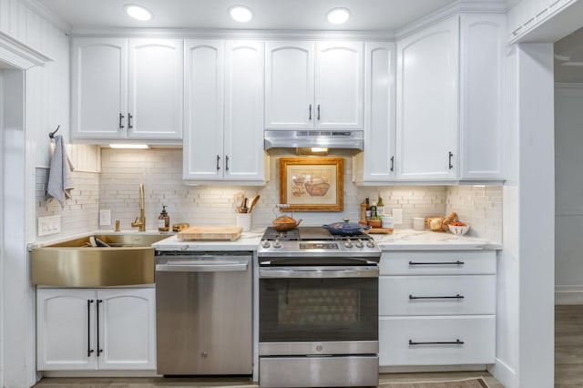 3519 N Van Ness Blvd, Fresno, CA 93704 - kitchen with appliances with stainless steel finishes, under cabinet range hood, white cabinetry, a sink, and tasteful backsplash