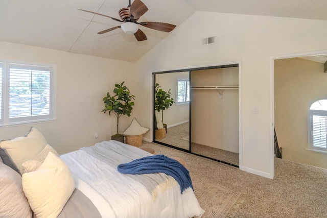5455 N Marty Ave Unit 132, Fresno, CA 93711 - carpeted bedroom featuring vaulted ceiling, a closet, multiple windows, and a ceiling fan