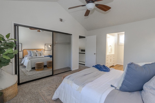 5455 N Marty Ave Unit 132, Fresno, CA 93711 - bedroom featuring a closet, high vaulted ceiling, a ceiling fan, and ensuite bathroom