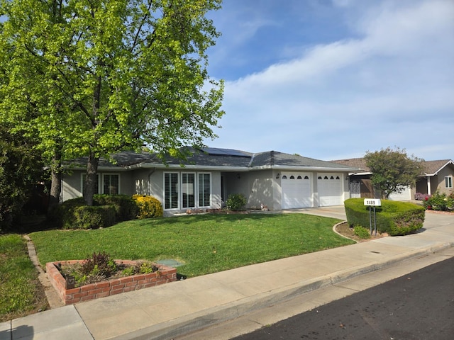 1489 Celeste Ave, Clovis, CA 93611 - single story home with an attached garage, a front yard, solar panels, stucco siding, and concrete driveway