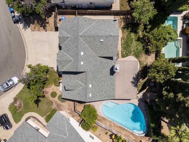 view from above of property featuring a pool