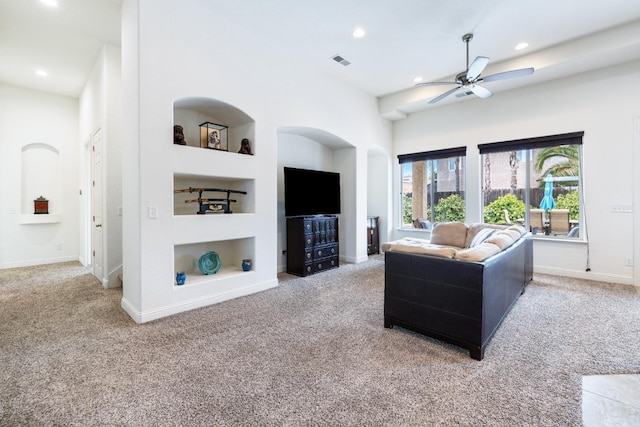5279 N Ensanada Ave, Fresno, CA 93723 - living room with built in features, carpet flooring, ceiling fan, recessed lighting, and baseboards