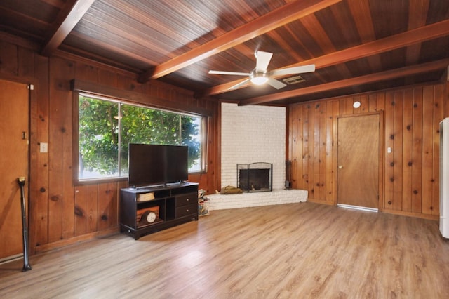 2020 N Fruit Ave, Fresno, CA 93705 - living area featuring wooden ceiling, beam ceiling, wood finished floors, wood walls, and a brick fireplace