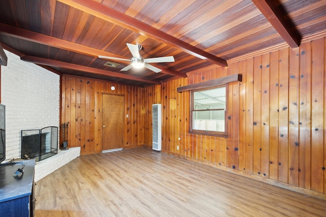 2020 N Fruit Ave, Fresno, CA 93705 - unfurnished living room with beamed ceiling, wood finished floors, a fireplace, wooden ceiling, and wood walls