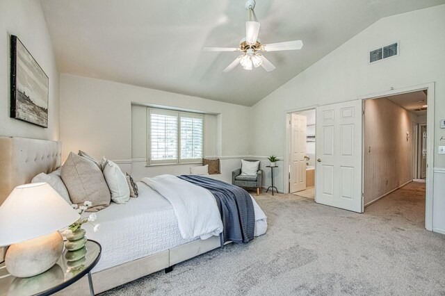 198 Decatur Ave, Clovis, CA 93611 - bedroom with vaulted ceiling, carpet flooring, a ceiling fan, and ensuite bath