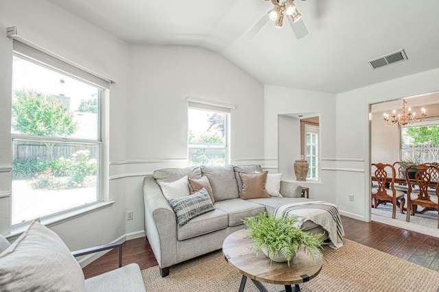 198 Decatur Ave, Clovis, CA 93611 - living area featuring a chandelier, vaulted ceiling, wood finished floors, and ceiling fan