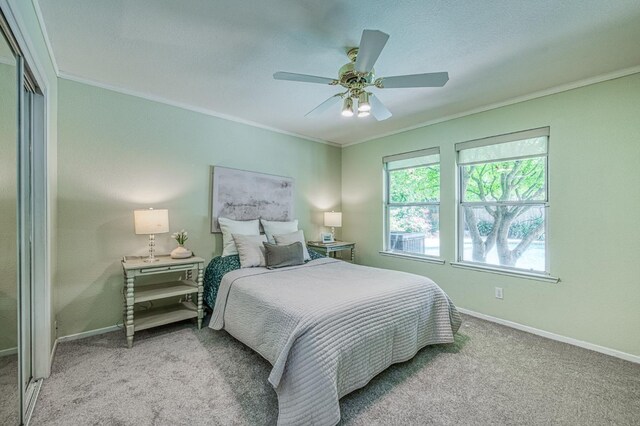 198 Decatur Ave, Clovis, CA 93611 - bedroom with ornamental molding, baseboards, carpet, and ceiling fan