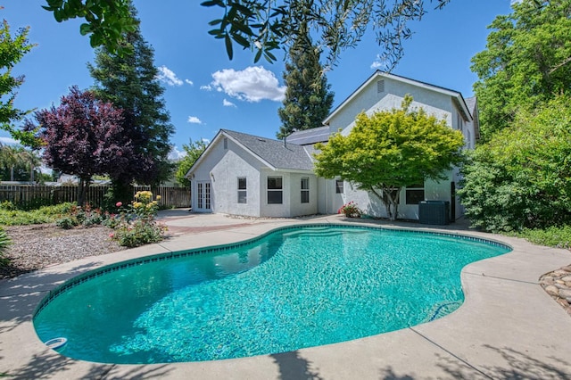198 Decatur Ave, Clovis, CA 93611 - view of swimming pool featuring fence, a patio, french doors, and cooling unit