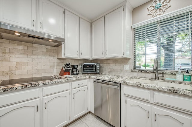 6365 N Barcus Ave, Fresno, CA 93722 - kitchen with dishwasher, under cabinet range hood, black electric cooktop, a sink, and decorative backsplash